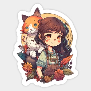 Girl & Ginger Cat Kawaii Anime Floral Cat Lover Sticker